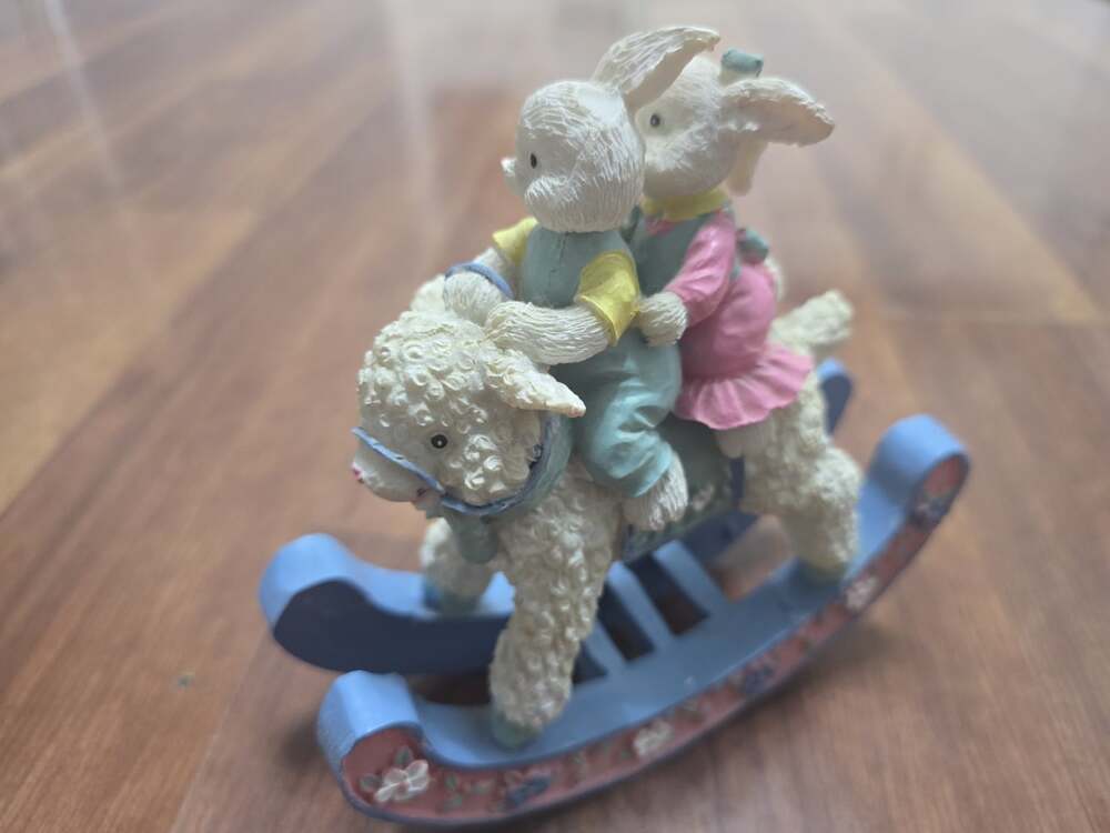 Vintage Resin Easter Bunny Rabbit Figurines Riding On Blue Rocking Lamb READ
